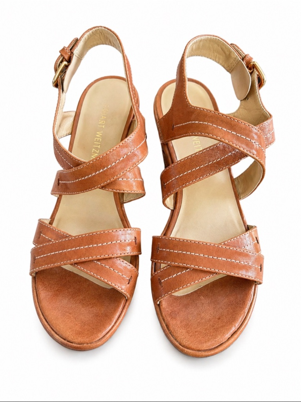 Stuart Weitzman Cognac Leather Strappy Wedge Sandals Size 8M - Picture 1 of 8